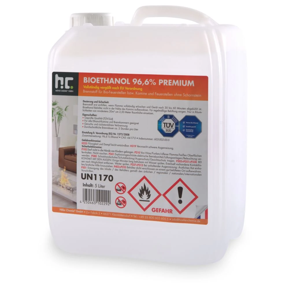 Hoefer Chemie 80 L Bioéthanol à 96,6 % Dénaturé En Bidon De 5 Litres (16 X 5 Lit...