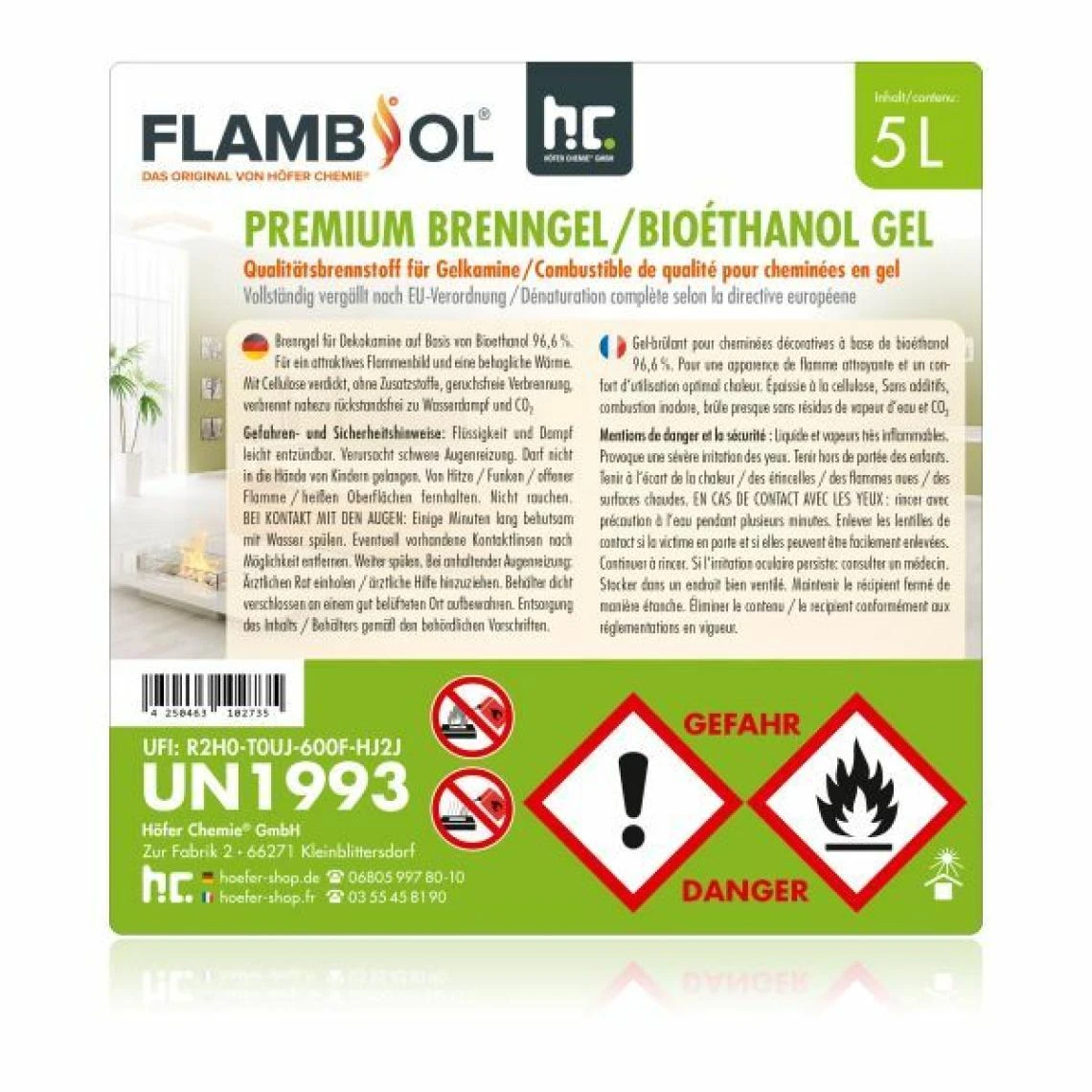 Hoefer Chemie 20 L FLAMBIOL Premium Bioéthanol En Gel (4 X 5 Litre) – Image 3